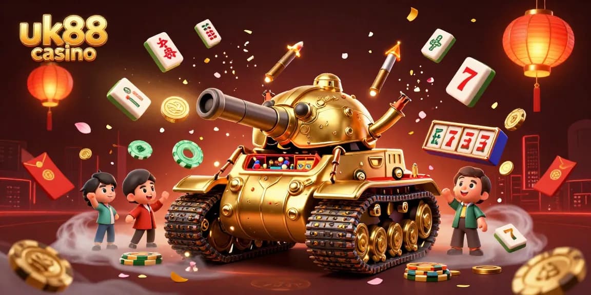 Experience the excitement at uk88 casino with a vibrant 3D illustration of a playful beetle tank and mini casino.