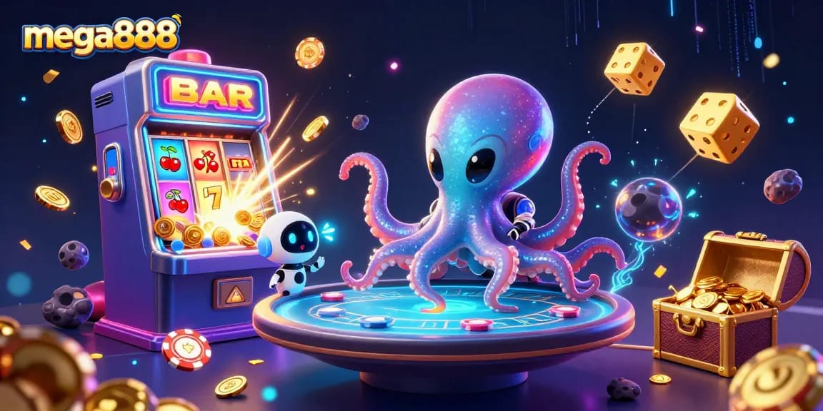 Experience mega888 with an alien octopus and robot at an exciting poker table amidst jackpot explosions.
