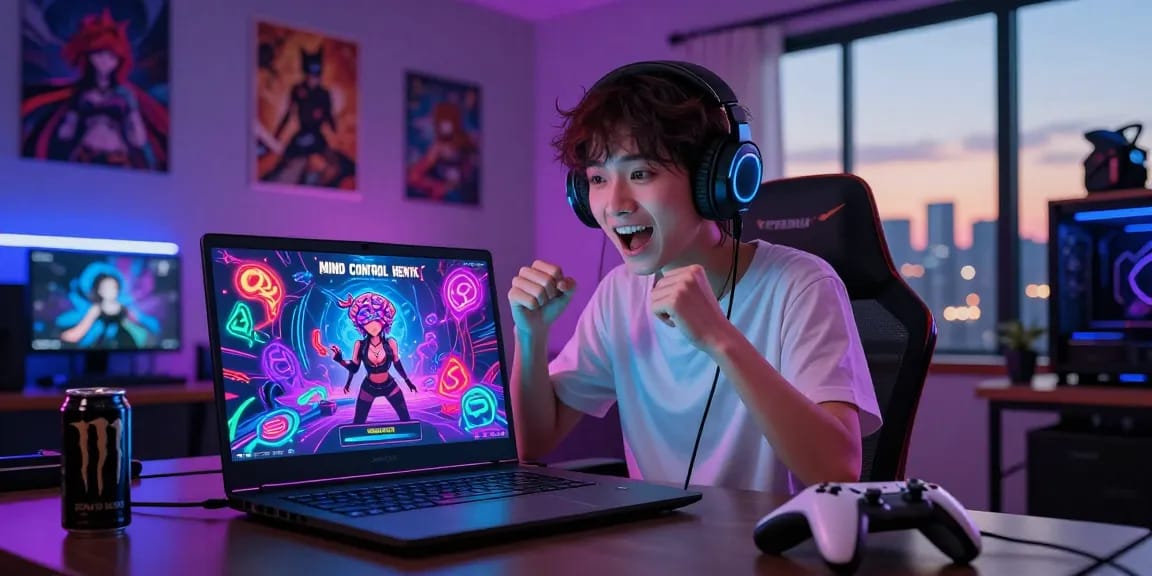 Engaging mind control hentai gaming scene with vibrant visuals and immersive character.