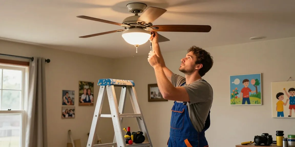 Electrician Stevens Point WI working on a ceiling fan in a cozy home setting