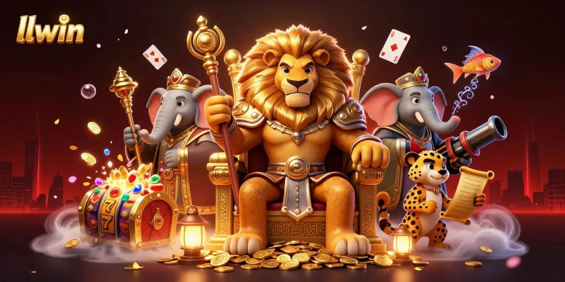 Experience thrilling wins at llwin with a vibrant 3D casino illustration of a lion king, elephant advisor, and cheetah messenger.