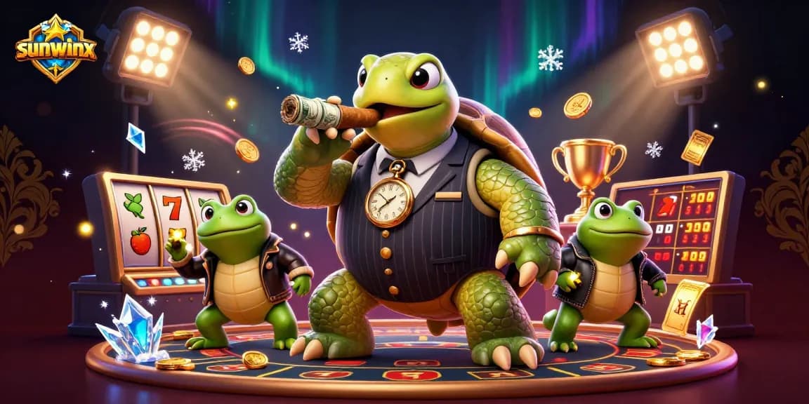 Experience the thrill of sunwinx with a lively casino scene featuring a snapping turtle and bullfrogs.
