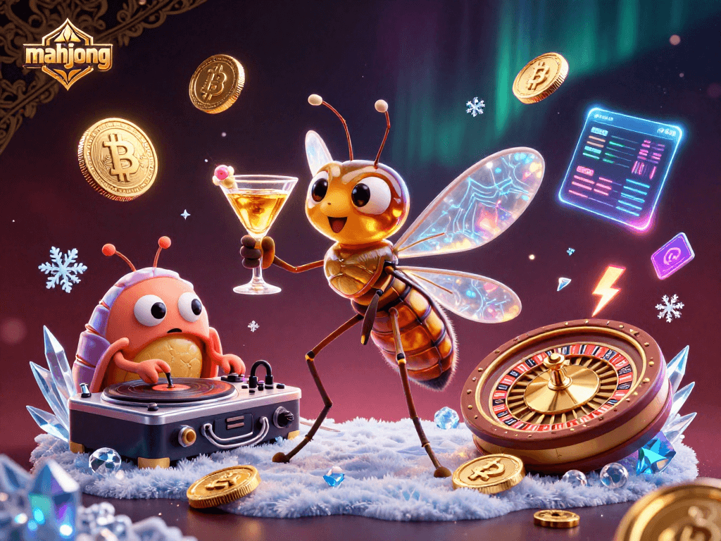 Experience the thrill of mahjong as a lively 3D cartoon scene showcases a frozen-in-amber mascot with golden cocktails and vibrant casino elements.