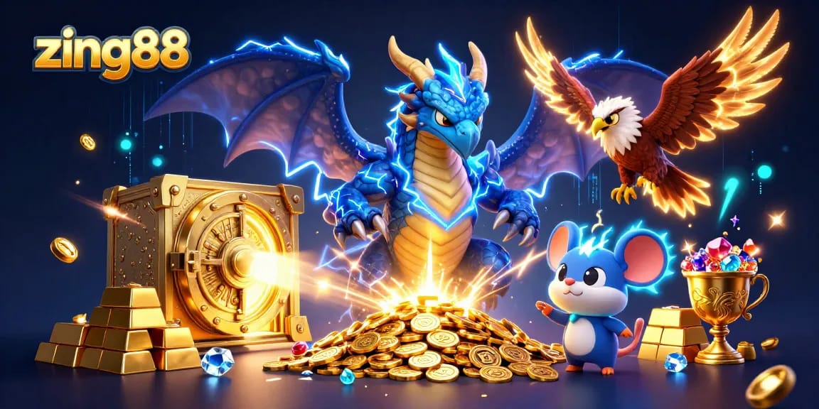 Immerse in zing88 gaming adventure with dynamic characters and treasure in an electrifying casino scene.