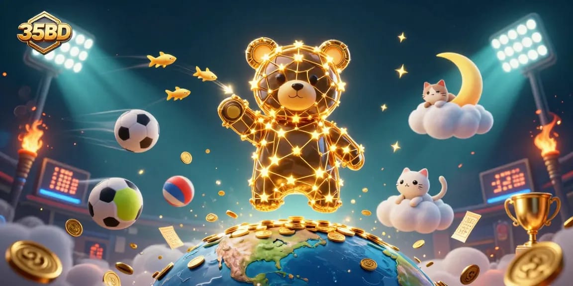 35BD offers an action-packed scene with a constellation bear scooping coins amid vibrant sports elements.