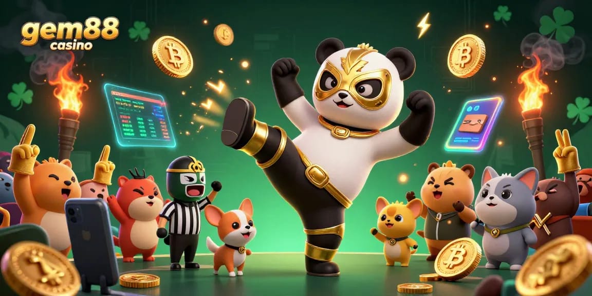 Experience thrilling action at gem88 casino featuring a wrestling panda amidst cryptocurrency elements.