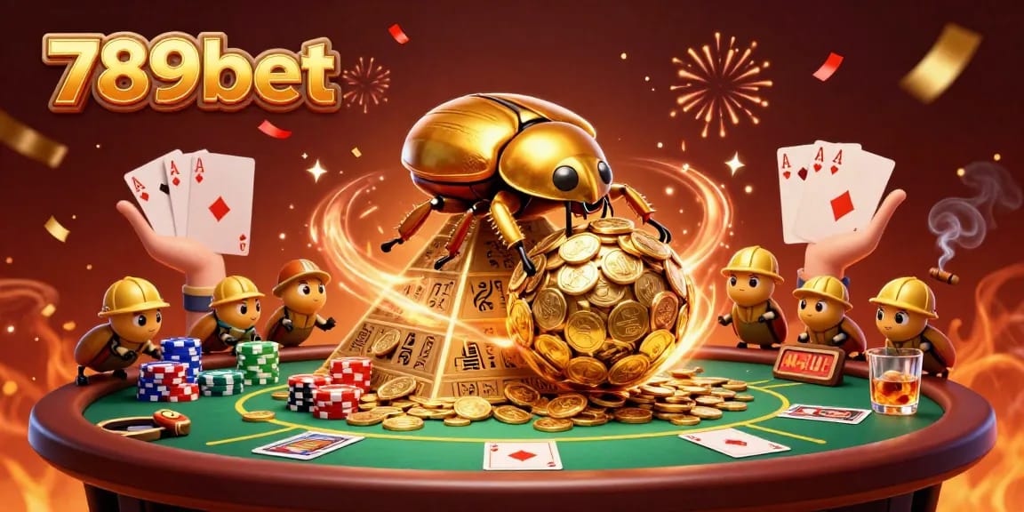 Join the excitement at 789bet with a golden beetle rolling coins surrounded by poker elements and festive energy.