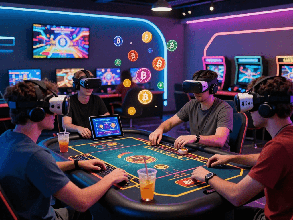 Players enjoying a crypto casino experience with digital games and vibrant atmosphere.