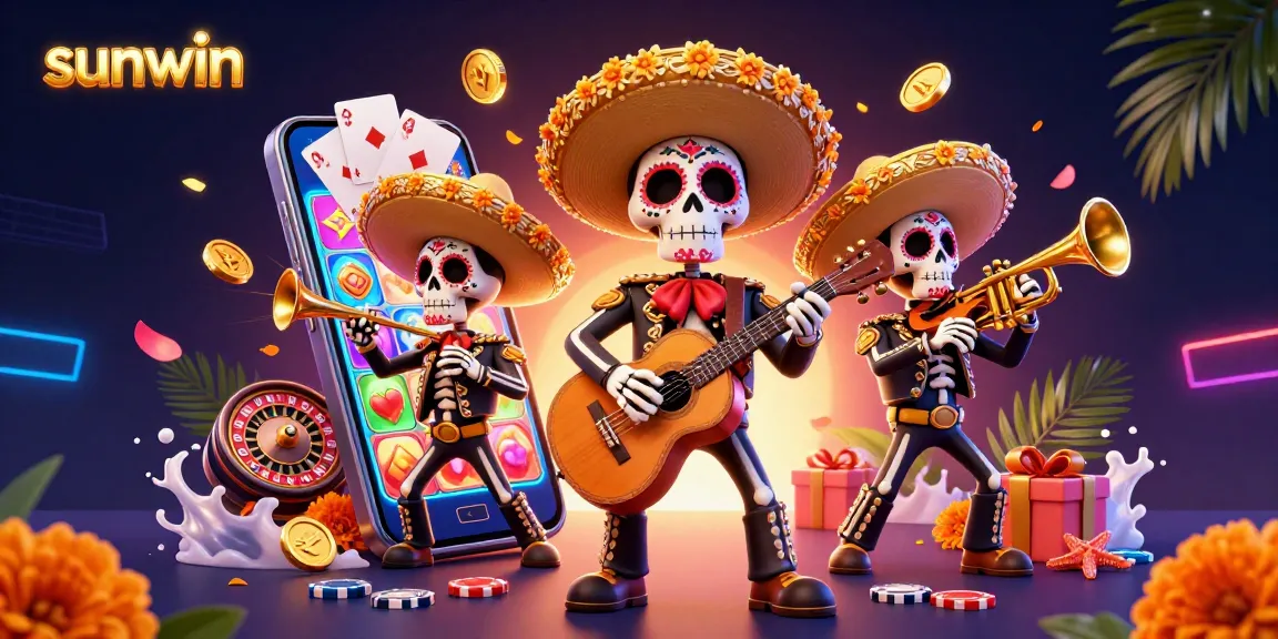Experience sunwin's vibrant 3D scene with skeleton mariachi band and dynamic casino elements.