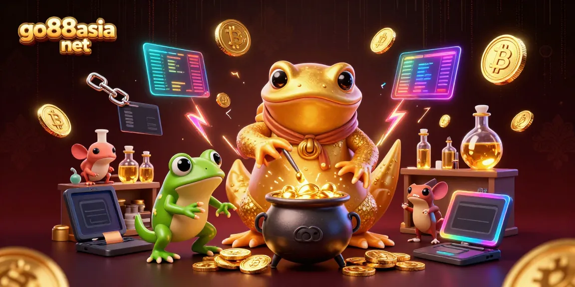 Experience exciting gameplay at go88asia net with a vibrant illustration of gold transmutation and crypto elements.