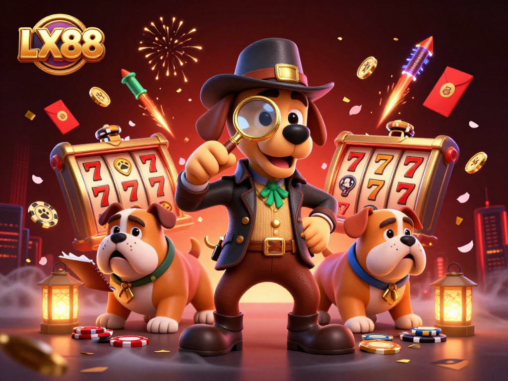 Experience thrilling moments at LX88 with a detective cartoon scene diving into poker chip clues amidst vibrant casino elements.