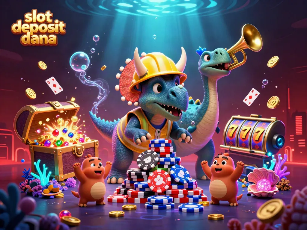 Engage with slot deposit dana gameplay as a triceratops builds poker chip towers amidst a vibrant gaming atmosphere.
