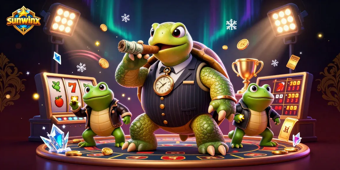 Experience the thrill of sunwinx with a lively casino scene featuring a snapping turtle and bullfrogs.