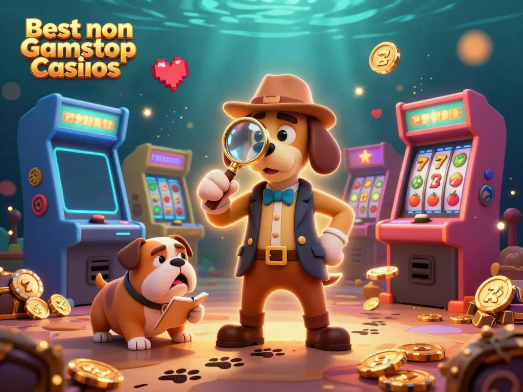 Explore top games at Best non Gamstop Casinos with a cartoon detective and treasure clues.
