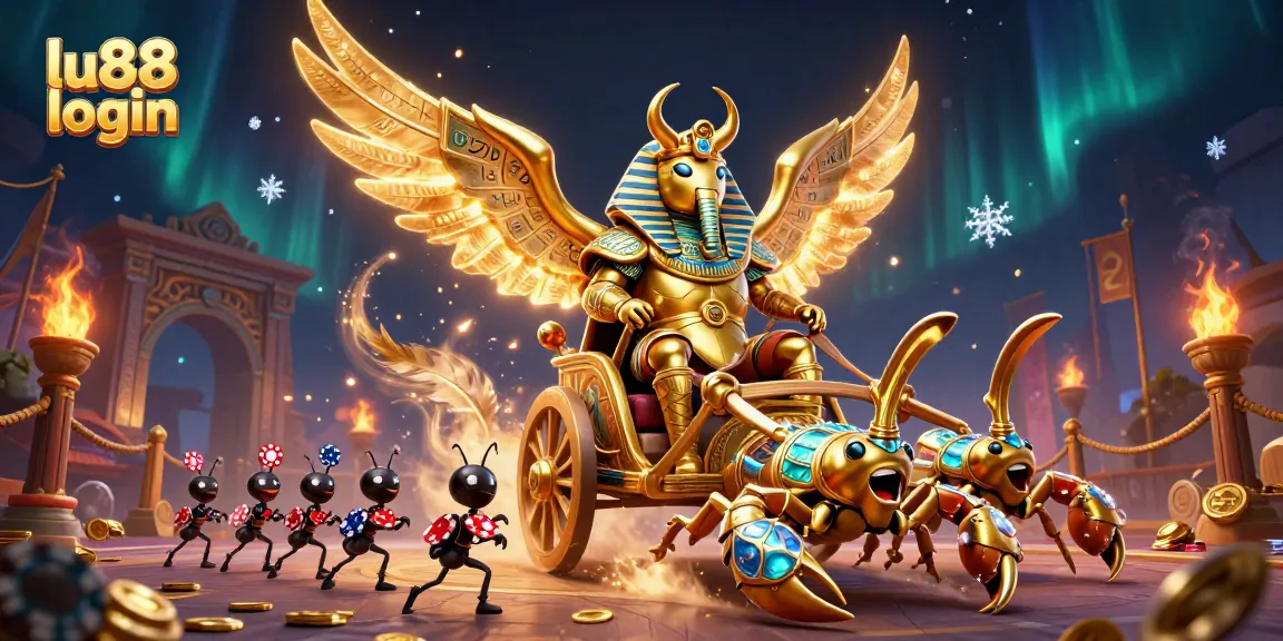 Engage with the thrilling lu88 login experience amidst dynamic casino adventures with golden scarab and gaming elements.
