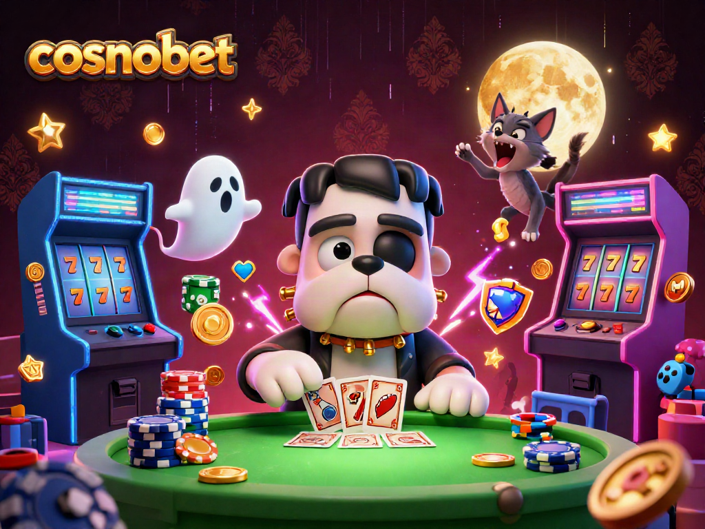 Experience thrilling action with cosmobet in this vibrant casino illustration featuring a card-dealing Frankenstein bulldog.