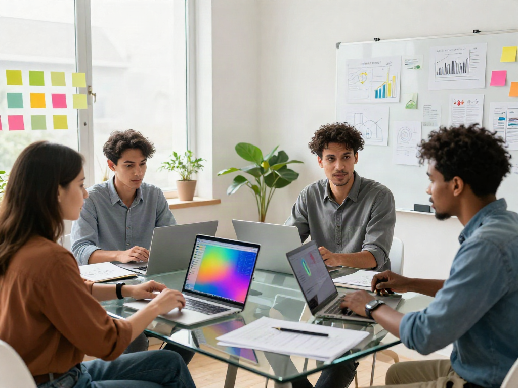 Team collaborating on a one-time offer campaign in a vibrant marketing workspace.
