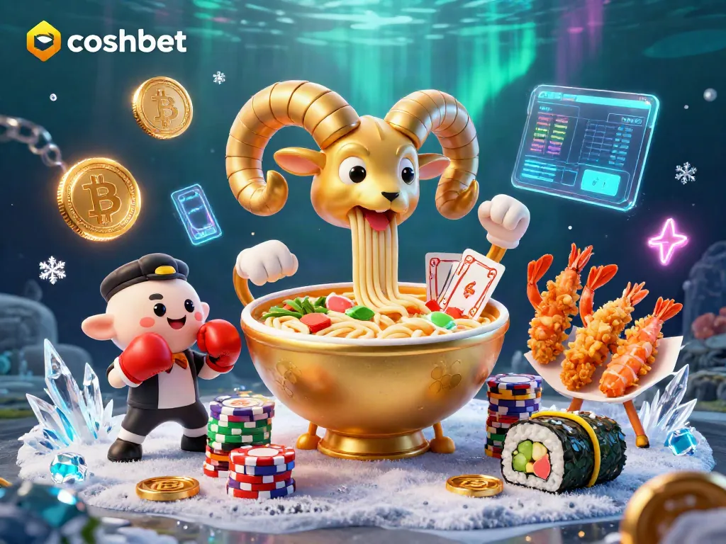 Engage with cosmobet's vibrant casino scene featuring a golden ramen bowl dealer and crypto elements