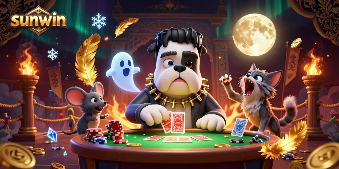 Engage with sunwin's thrilling casino games alongside a bulldog monster dealer and ghostly mouse.