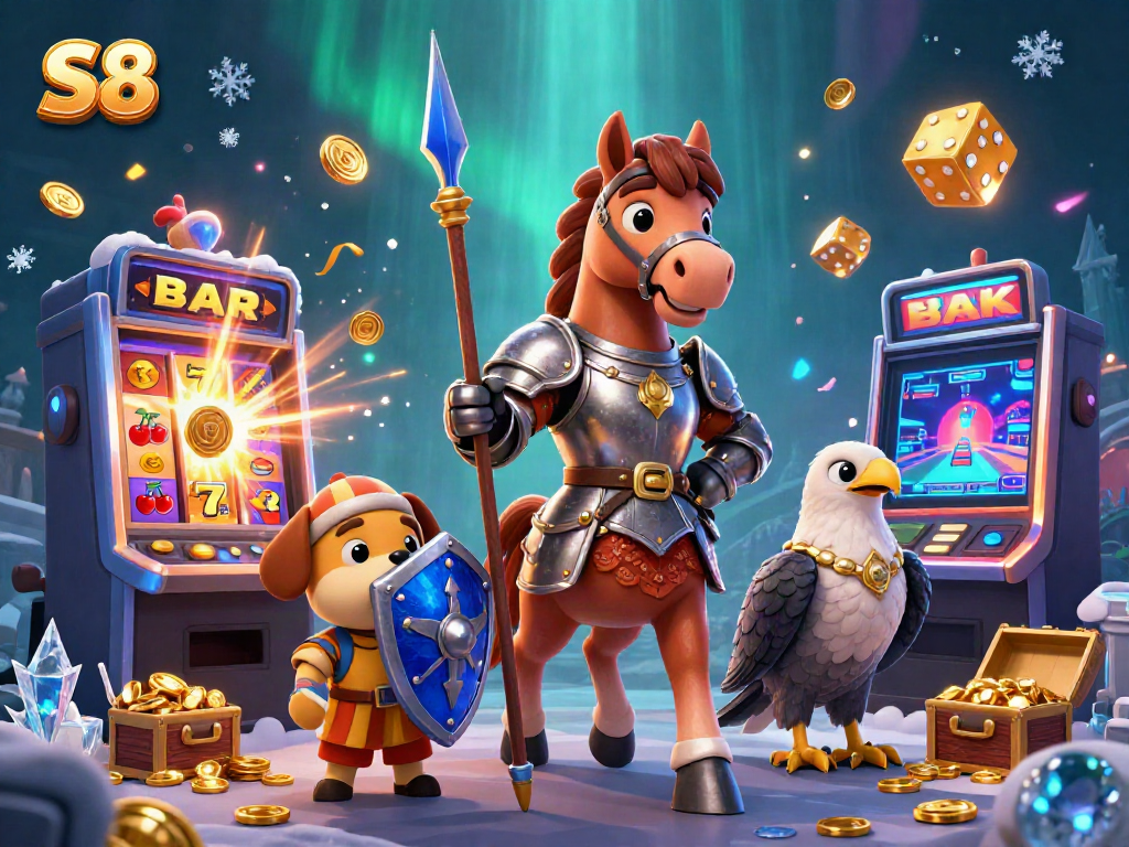 Join the gaming excitement at S8 with a lively 3D casino scene featuring knights and jackpots.
