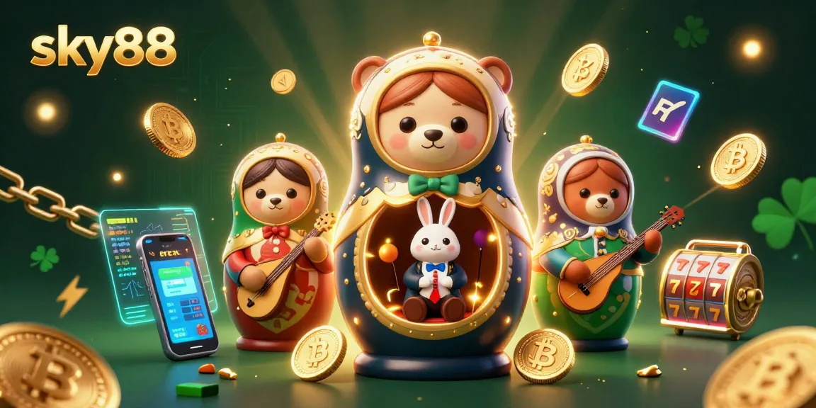 Play thrilling games at sky88, featuring vibrant characters and dynamic casino elements in a rich illustration.