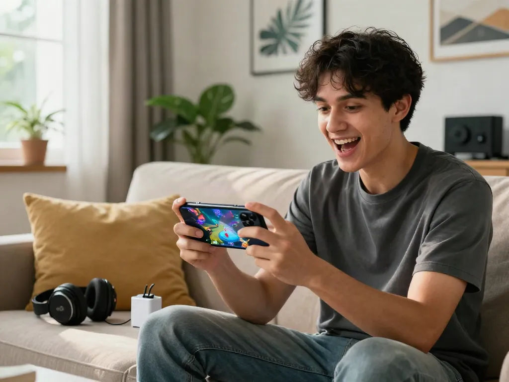 Engaged gamer enjoying gameplay on a smartphone from http://11bet-app.net/ in a cozy living room.