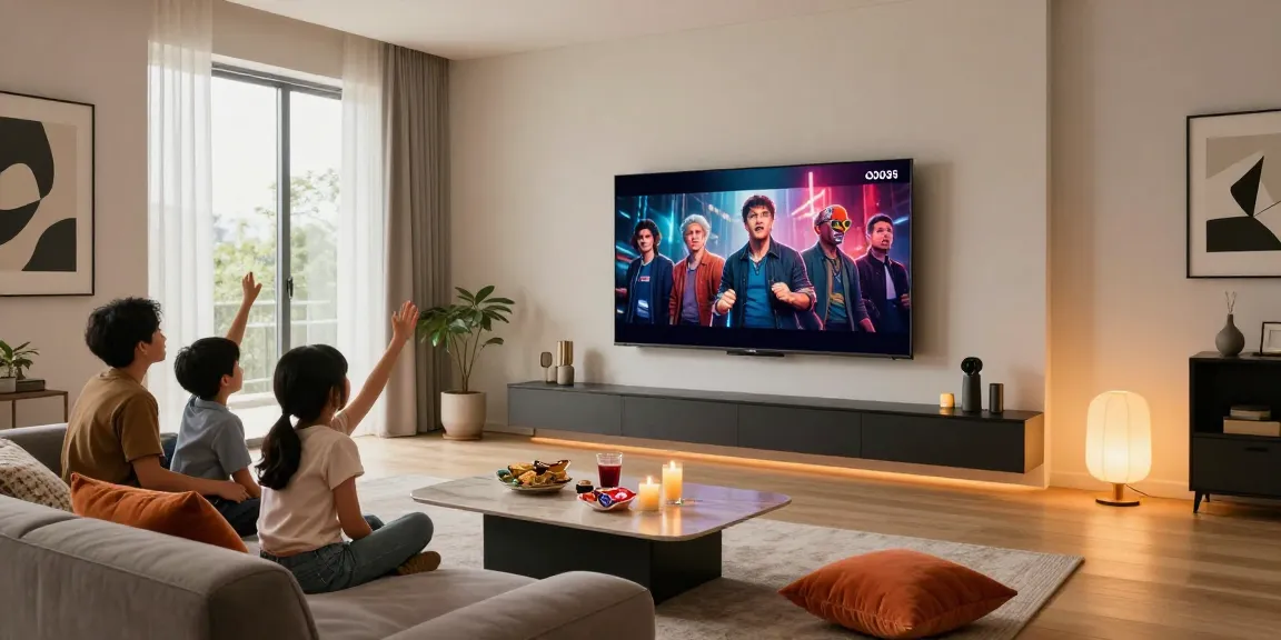 Family enjoying movie night on an OLED TV 2026 in a stylish living room.