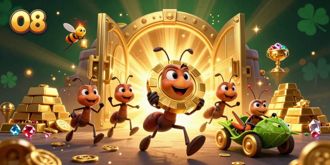Win big at O8 with this dynamic heist scene of ants and their golden poker chip.