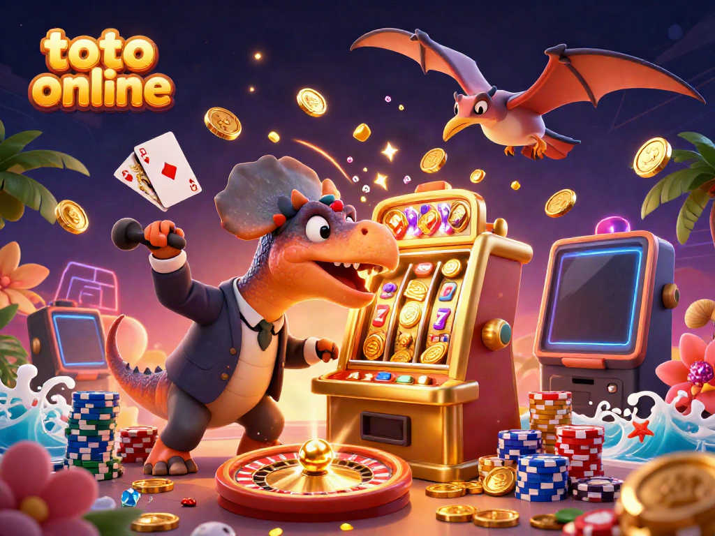 Engaging scene depicting a pachycephalosaurus interacting with a golden slot machine, showcasing the concept of toto online gaming.