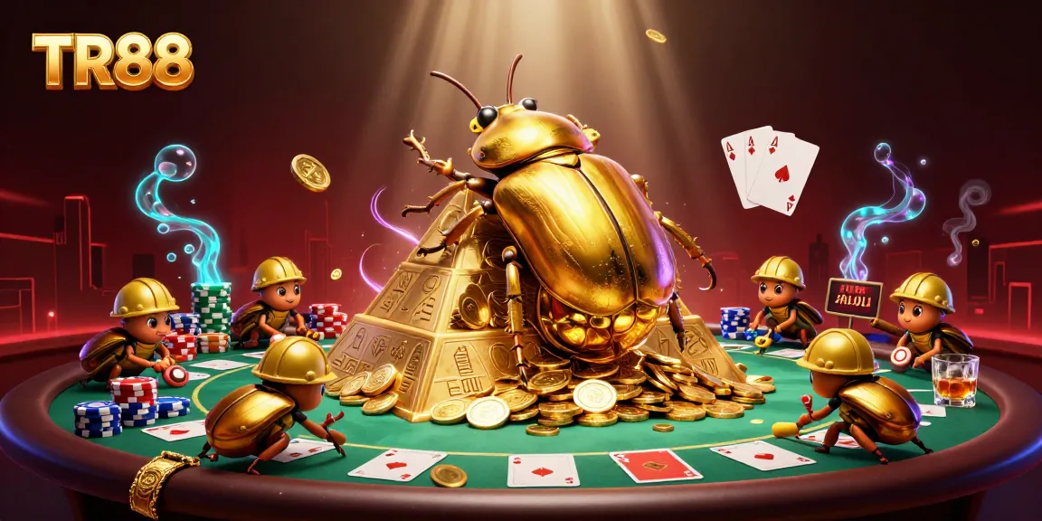 Experience TR88's thrilling gameplay with an engaging scene of a golden beetle and poker elements.
