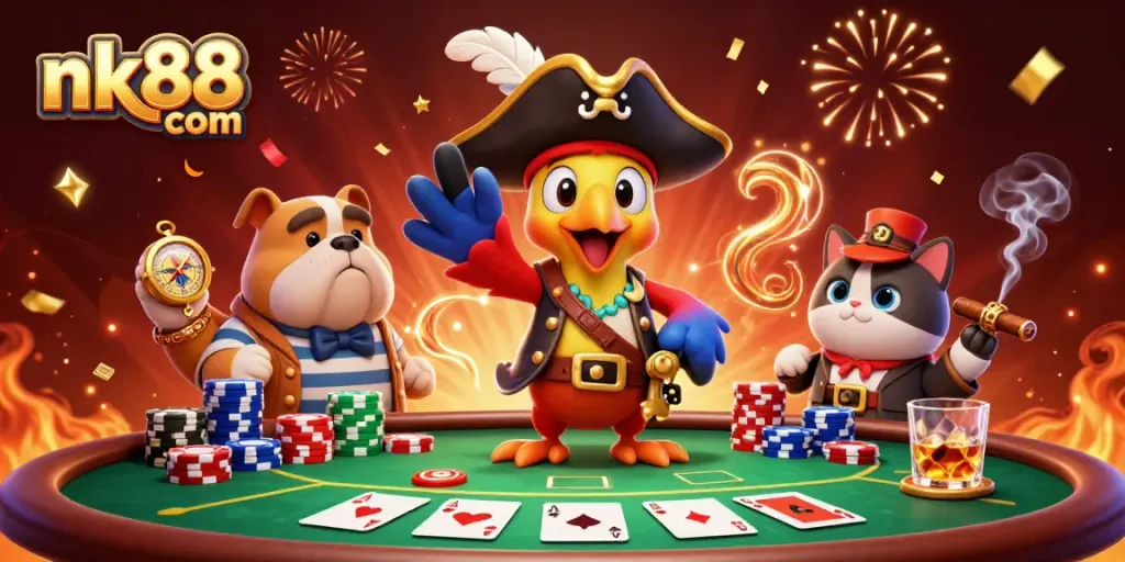 Experience thrilling poker action at nk88 com with a vibrant illustration of a pirate captain and friends.