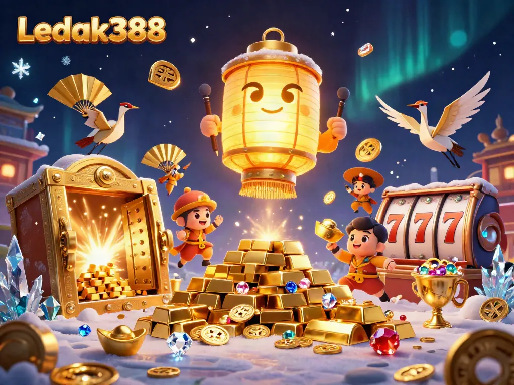 Engage with Ledak388's gaming magic featuring a lantern spirit and vibrant treasures in a casino setting.