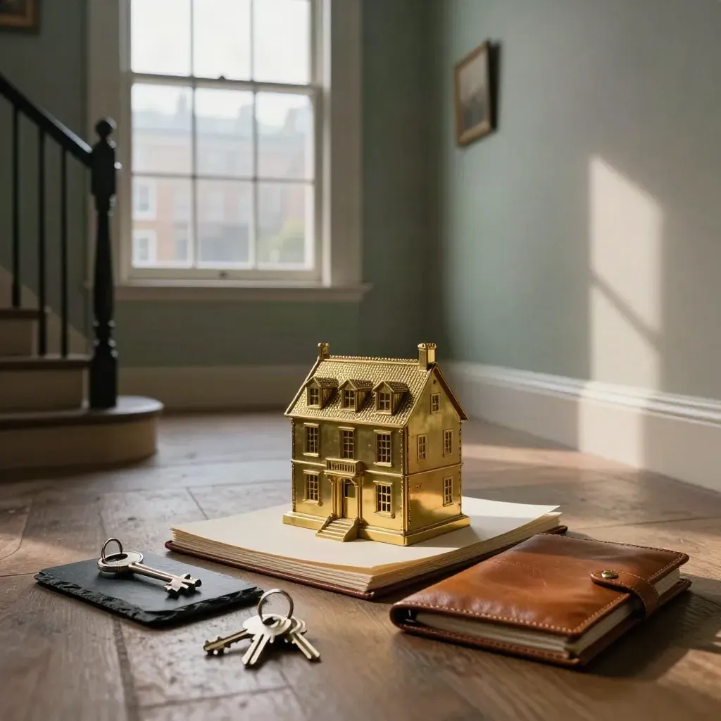 Brass house model on cream folios beside keys and a slate tray in a misty London hall.
