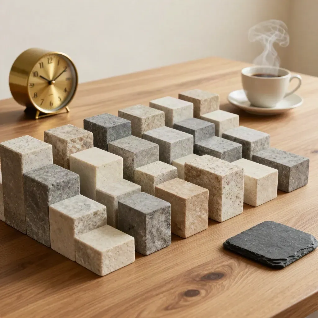 Stone blocks, brass clock, and steaming cup on oak table with drifting shadows