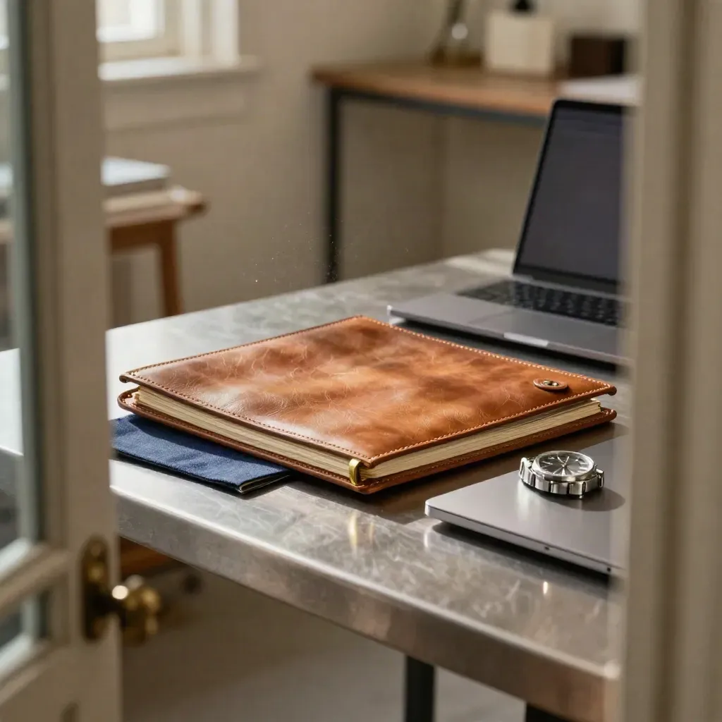 Leather folio, watch, and closed laptop on a steel table in warm workshop light.