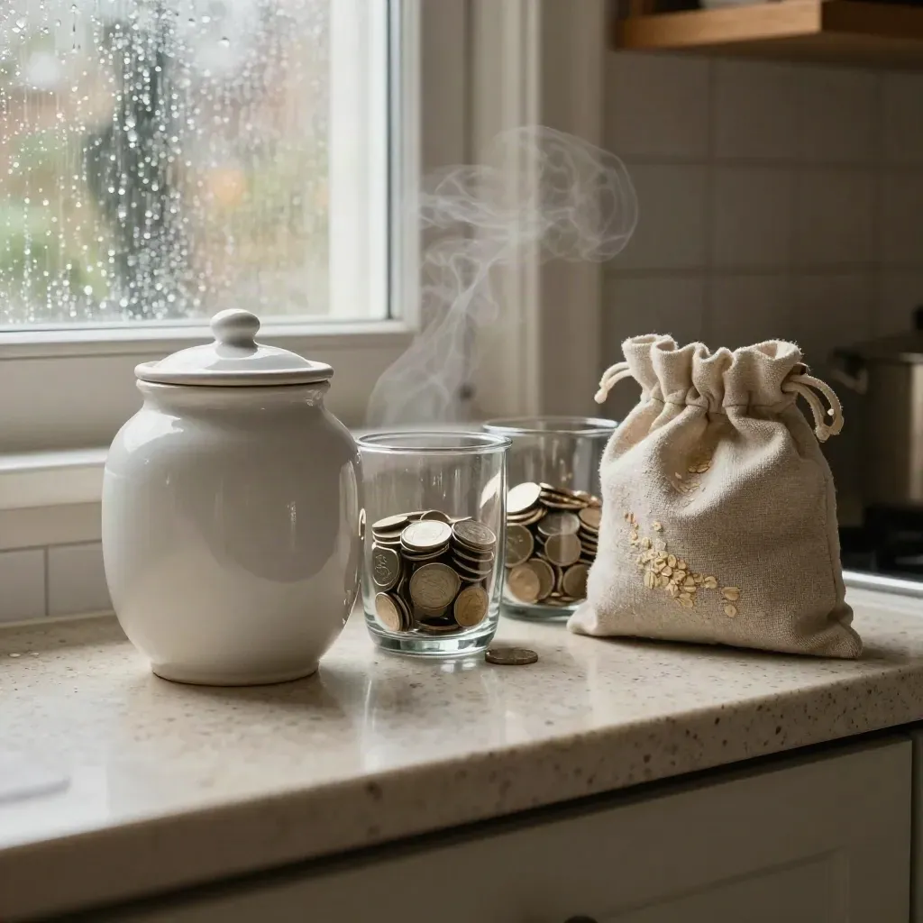 Savings jar, coin cups, and linen pouch on a pale kitchen shelf in soft morning light