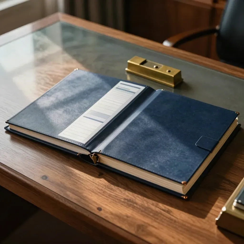 Walnut desk, navy pension binders and brass paperweight in a private office