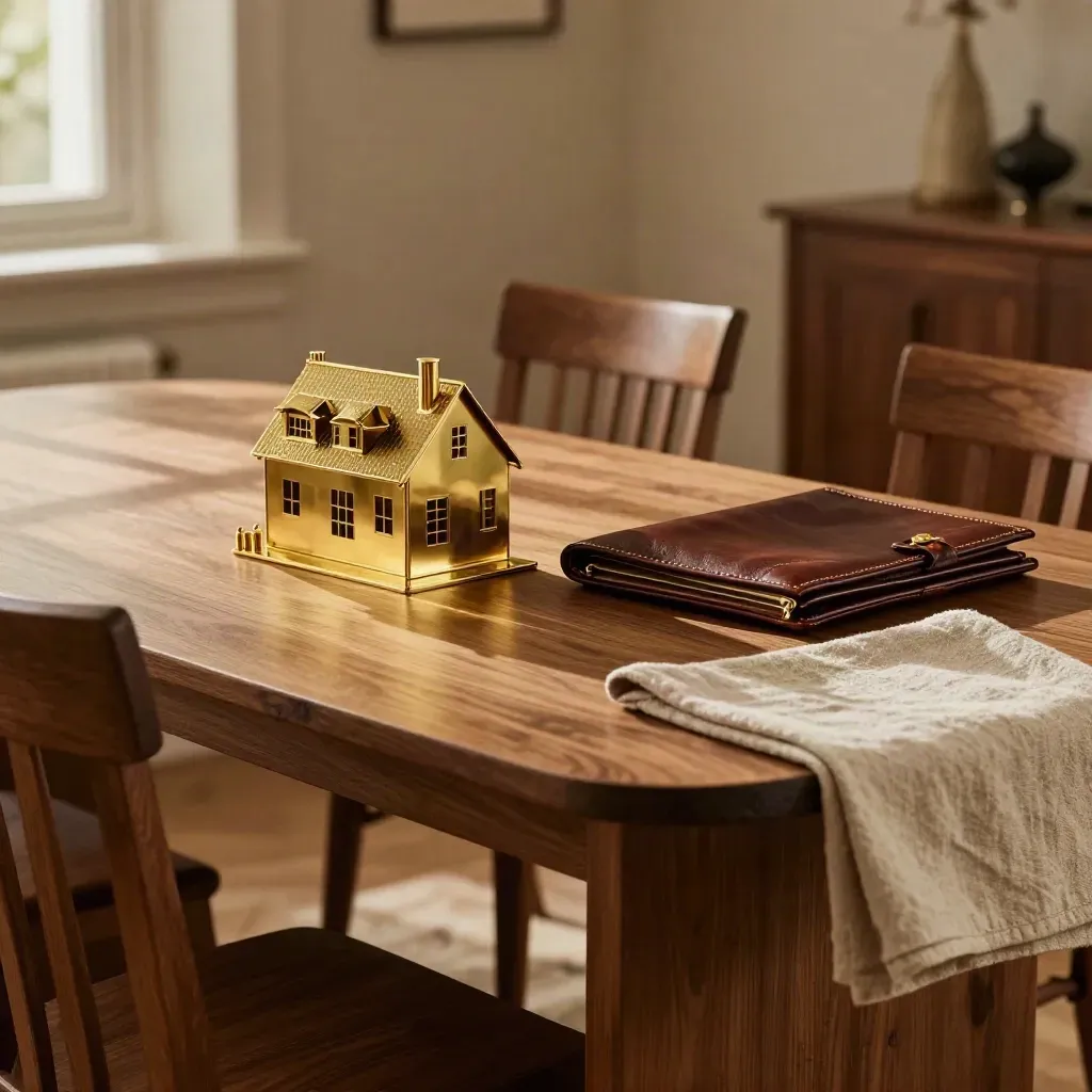 Brass house model and closed leather portfolio in a warm family dining room with turned chairs.
