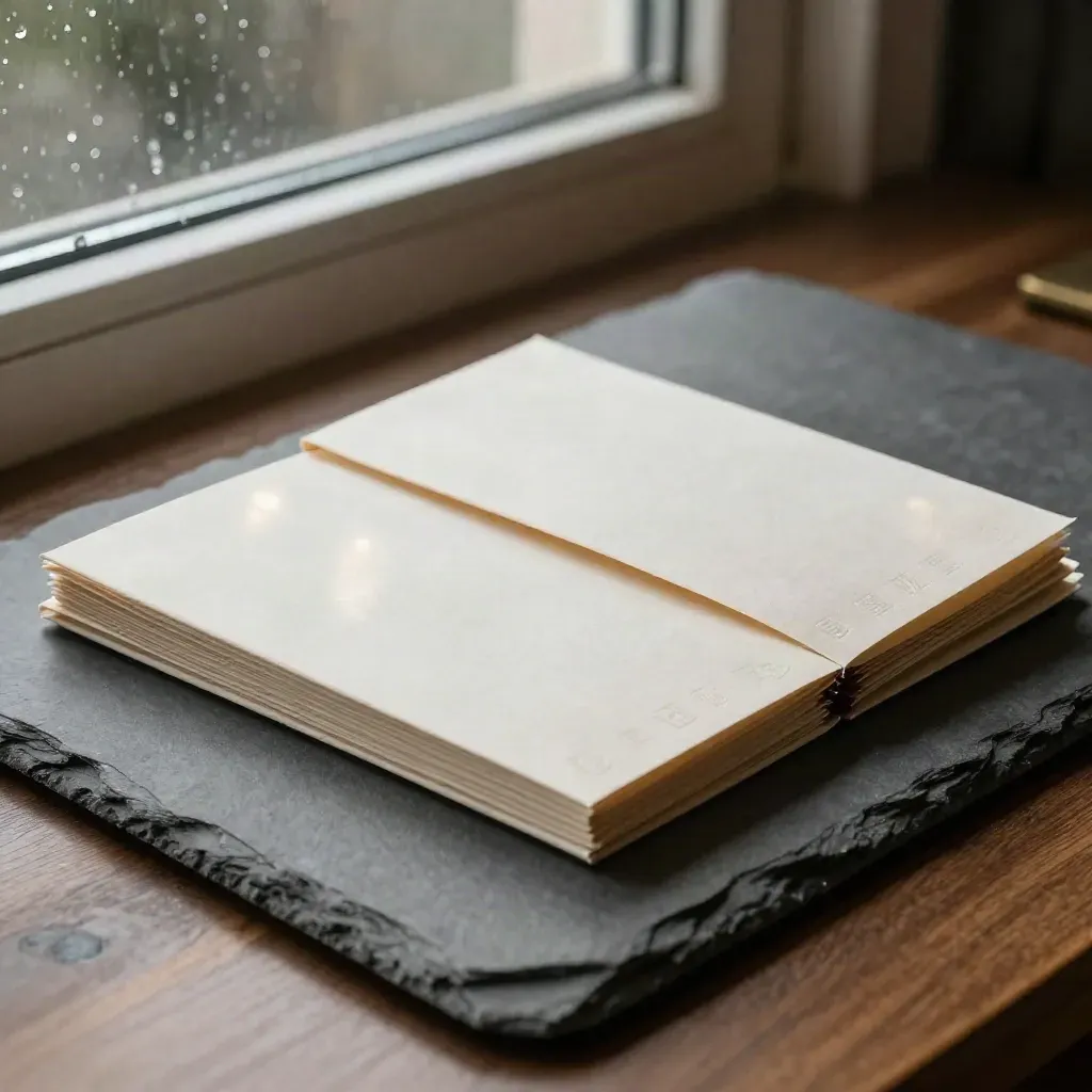 Two sealed pension sleeves on a slate tray by a rainy sash window, seen from above.