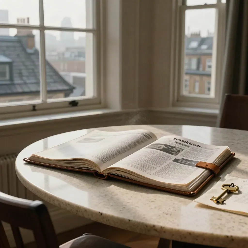 London townhouse review table with leather folio, brass key, and hazy rooftop view.