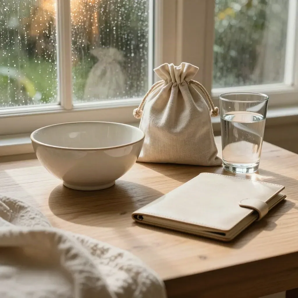 Cream savings bowl, linen pouch and water glass in a sunny conservatory after rain.