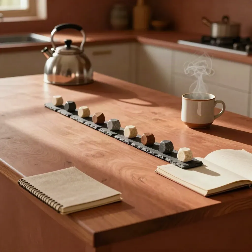 Top-down kitchen island with stone markers, closed notebook, warm mug and steam