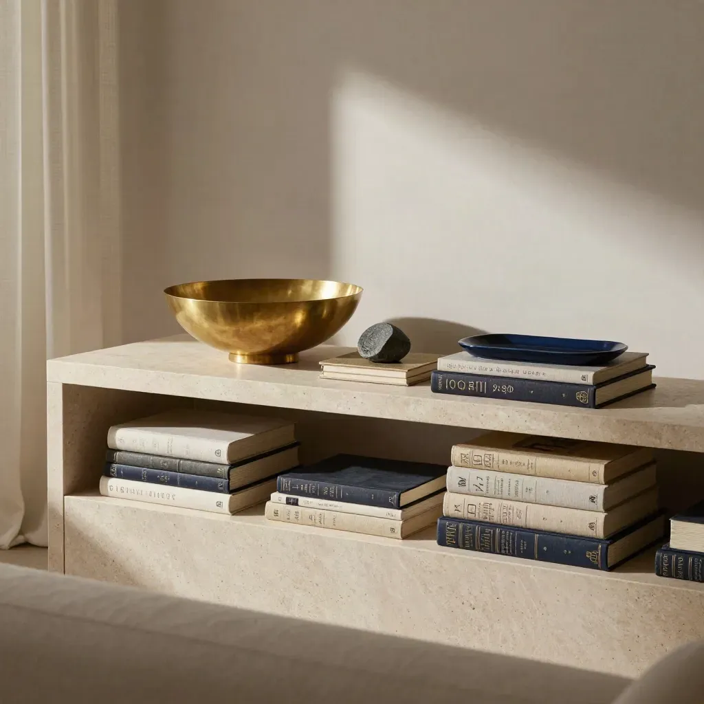 Modern living room console with books, brass bowl, stone object and navy accent in soft daylight.