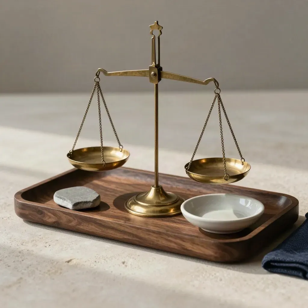 Brass balance scale with two matte stones and a ceramic dish on a walnut tray in soft light.