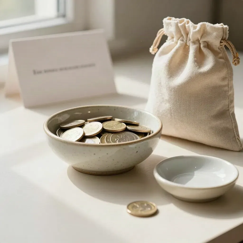Coins settling in a ceramic bowl beside a linen pouch and glazed dish on a cream desk.