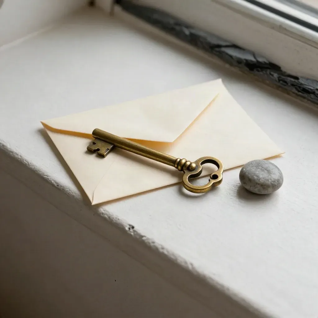Antique brass key, sealed envelope and stone paperweight on a pale plaster ledge.