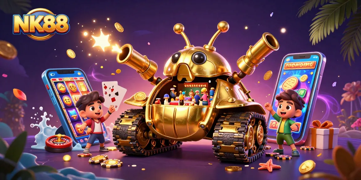 Experience the excitement of NK88 with a vibrant casino scene inside a golden beetle tank.