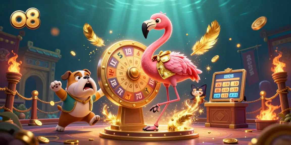 Spin the prize wheel with excitement at o8, featuring vibrant characters and casino elements.