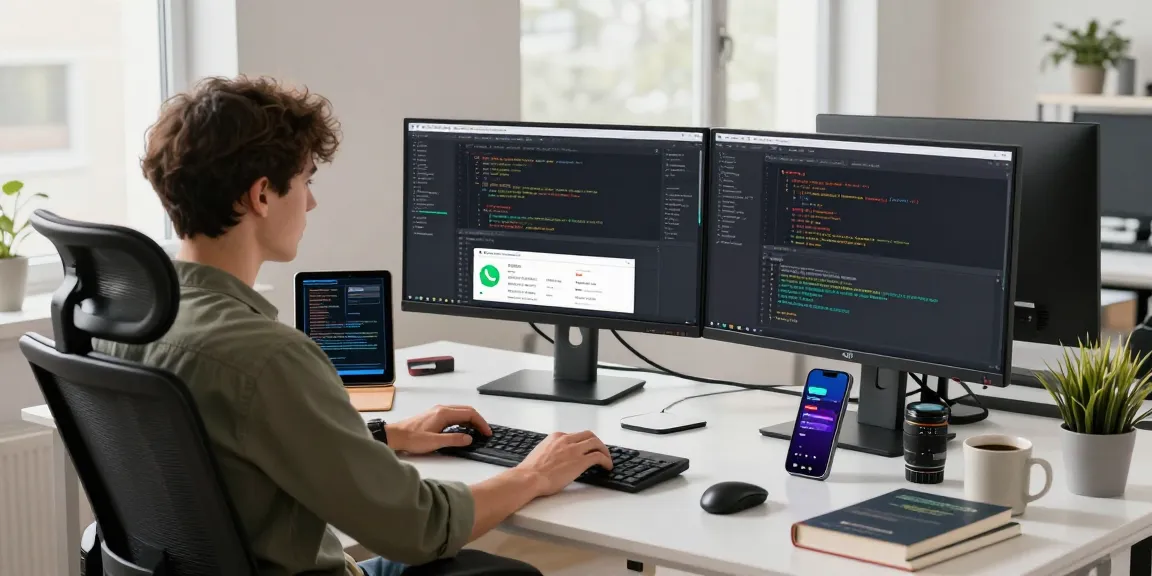 Developer coding WhatsApp網頁版 interface in a modern office setting with dual monitors and tech gadgets.