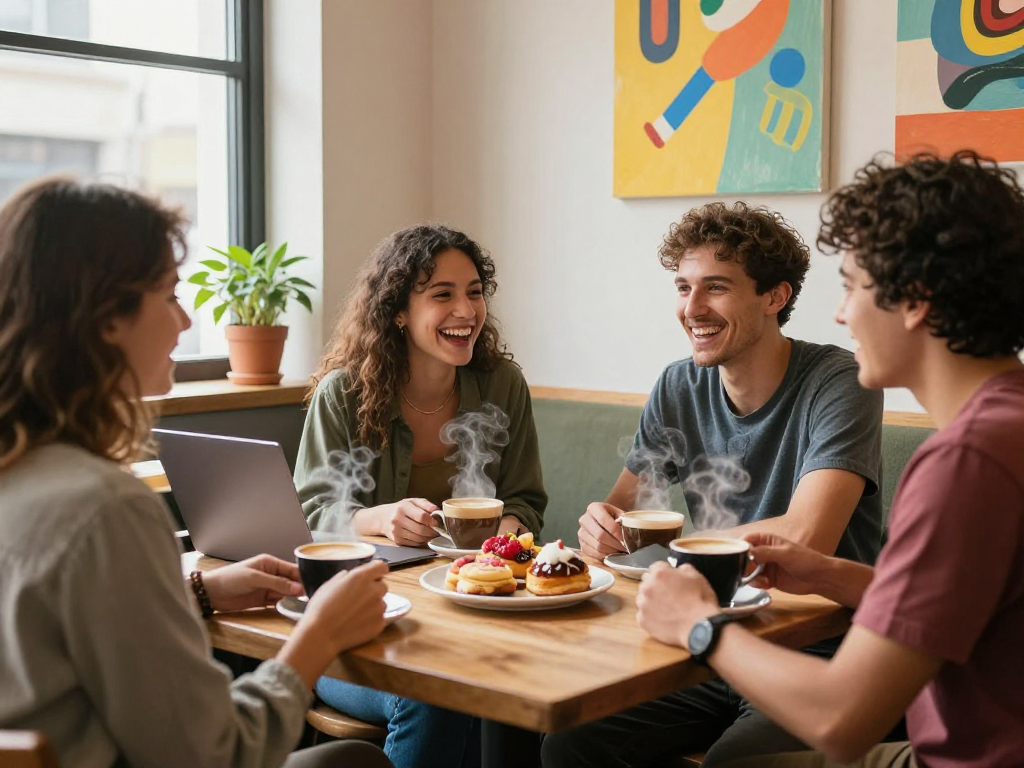 Friends enjoying a spicy chat over coffee with pastries in a cozy café setting.